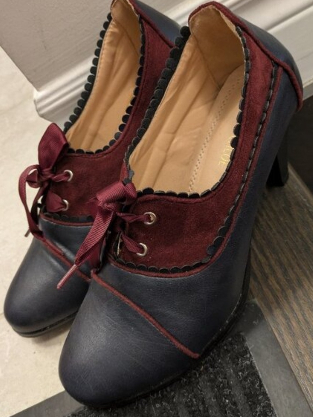 Chase And Cloe Two-Tone Navy and Burgundy Lace-Up Block Heel Pumps.